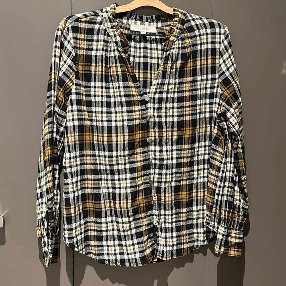 Pretty Plaid Button Up Shirt Large Ruffles LOFT